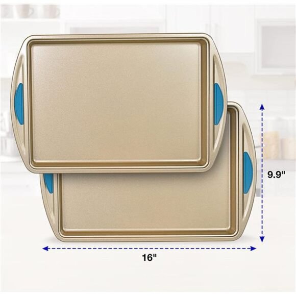 2 Piece Cookie Sheet Baking Pan Set, Gold Nonstick Trays (Blue) - Picture 2 of 6